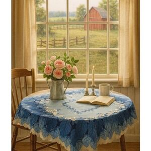 Vintage Floral Tablecloth Blue Rose Cottagecore Farmhouse Kitchen Decor #59